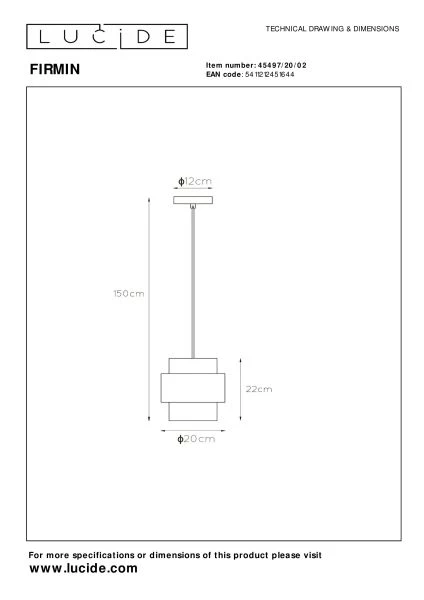 Lucide FIRMIN - Pendant light - Ø 20 cm - 1xE27 - Matt Gold / Brass - technical